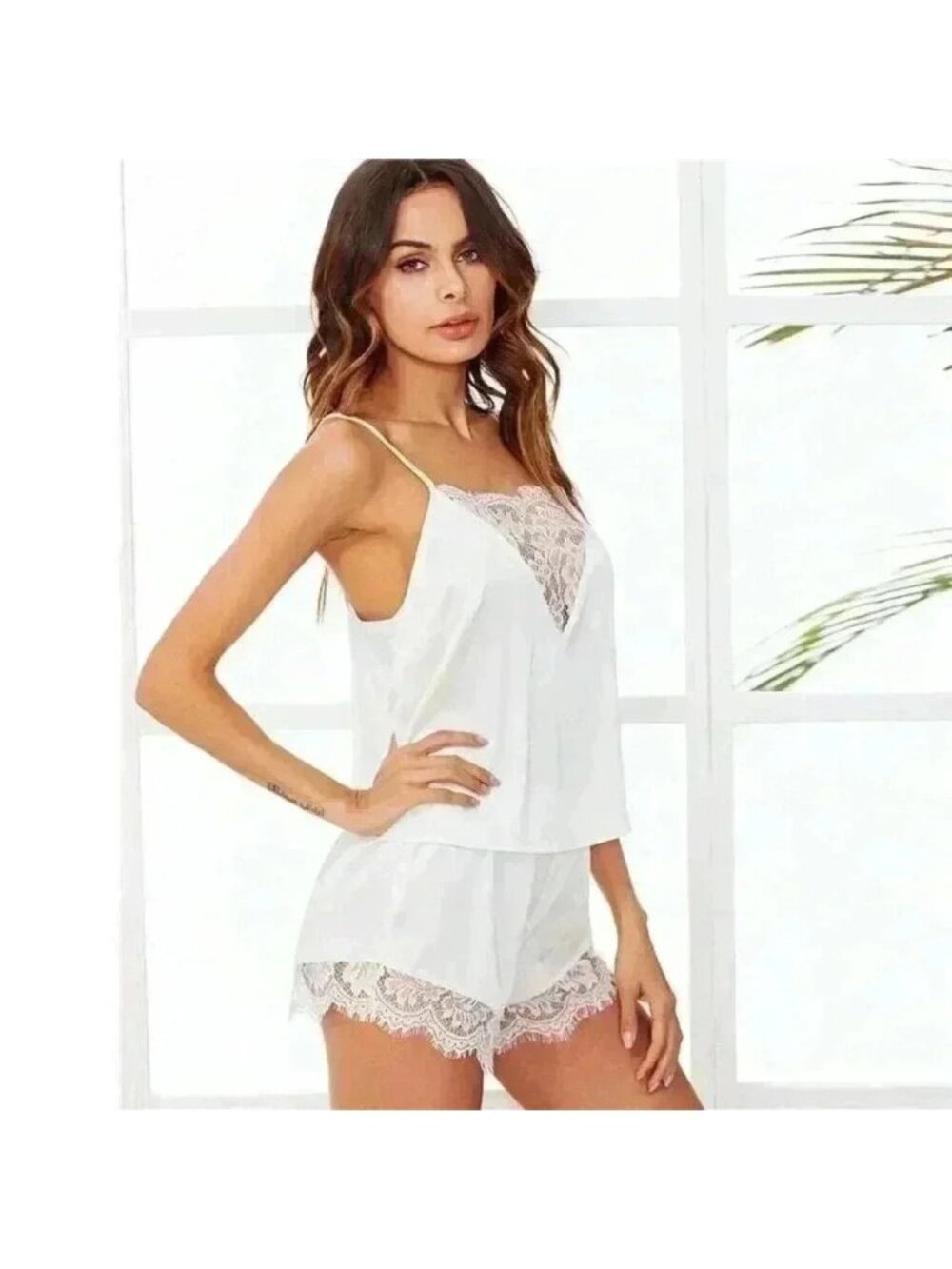 White Lace-Trim Satin Camisole & Short Sleep Set